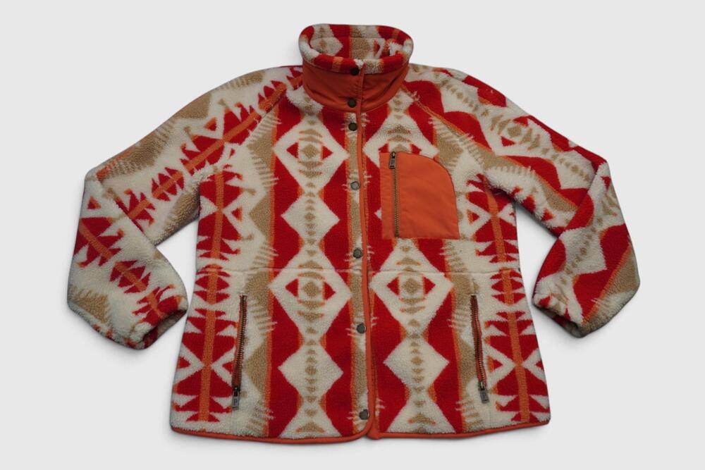 Vintage Pendleton Fleece Jacket Womens Large Red Southwestern Snap Aztec Pockets